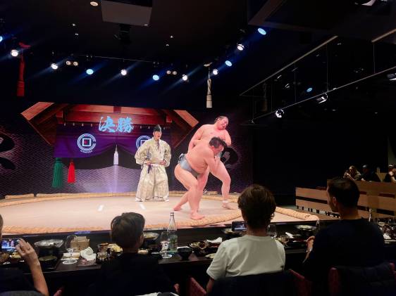 Sumo fighting at The Sumo Live Restaurant Hirakuza Ginza