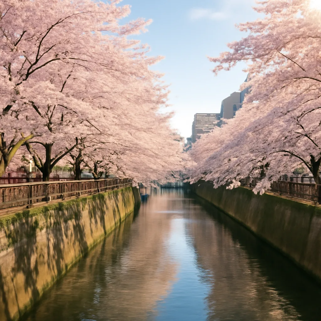 scenic view of Nakameguro canal lined with cherry blossoms during spring sunlight