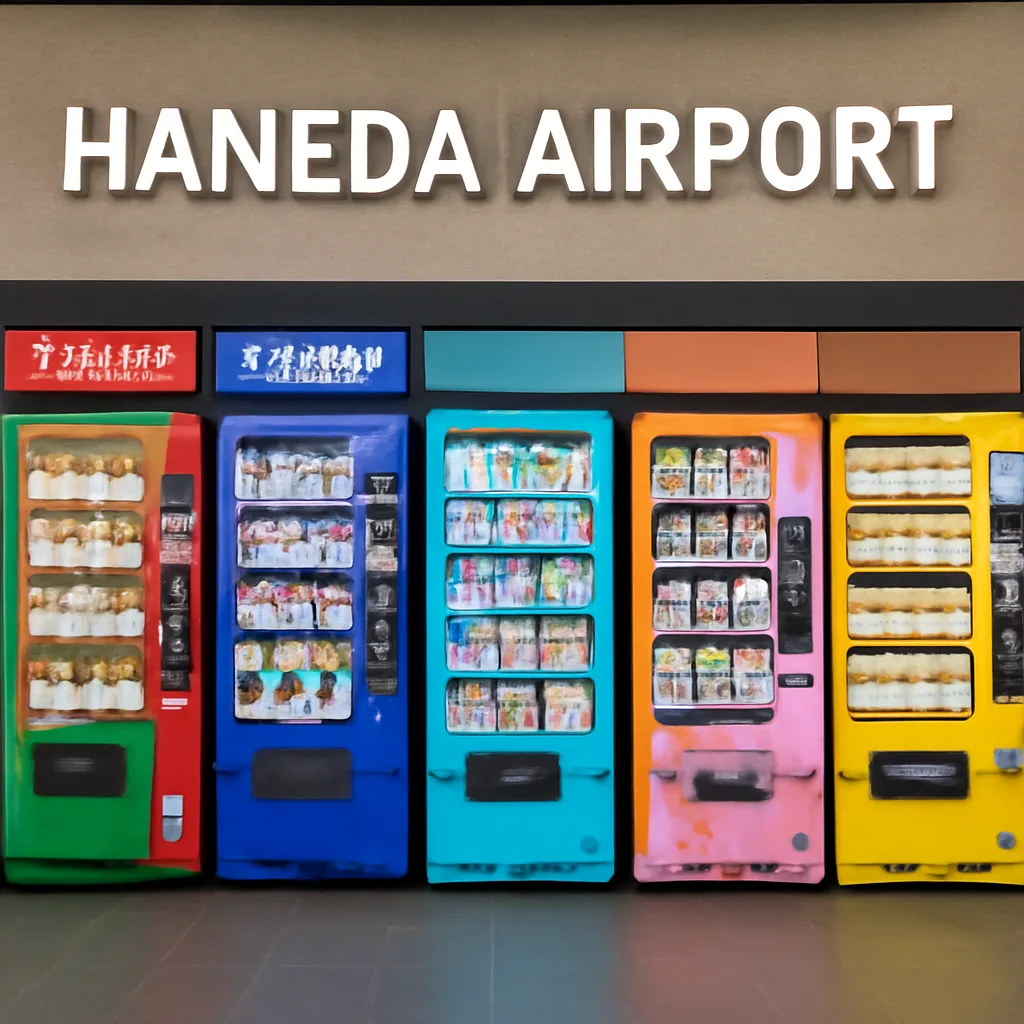 colorful display of various vending machines at Haneda Airport filled with souvenirs