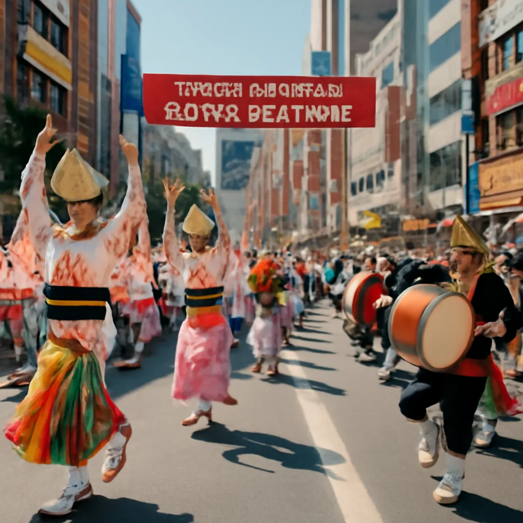 vibrant street parade during the Shibuya Kagoshima Ohara Festival with traditional dancers and taiko drummers