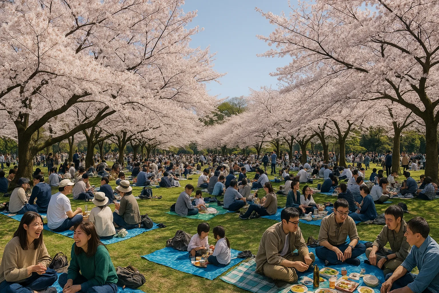 photorealistic view of Ueno Park filled with cherry blossoms and people enjoying picnics