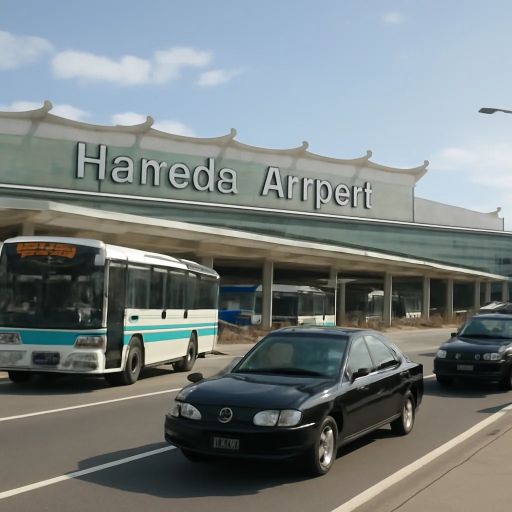 photorealistic view of Haneda Airport with buses and taxis outside