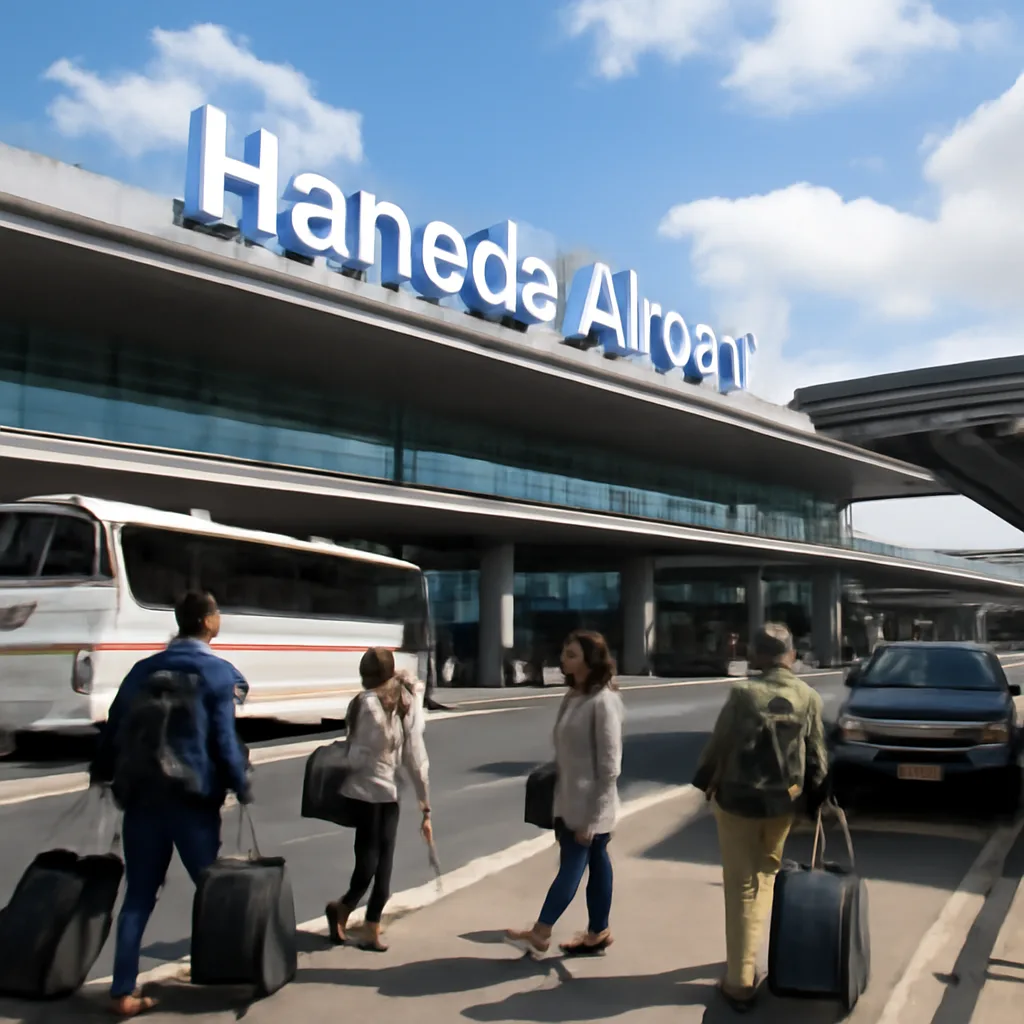 photorealistic view of Haneda Airport with people arriving and departing, showcasing transport options like buses and ta